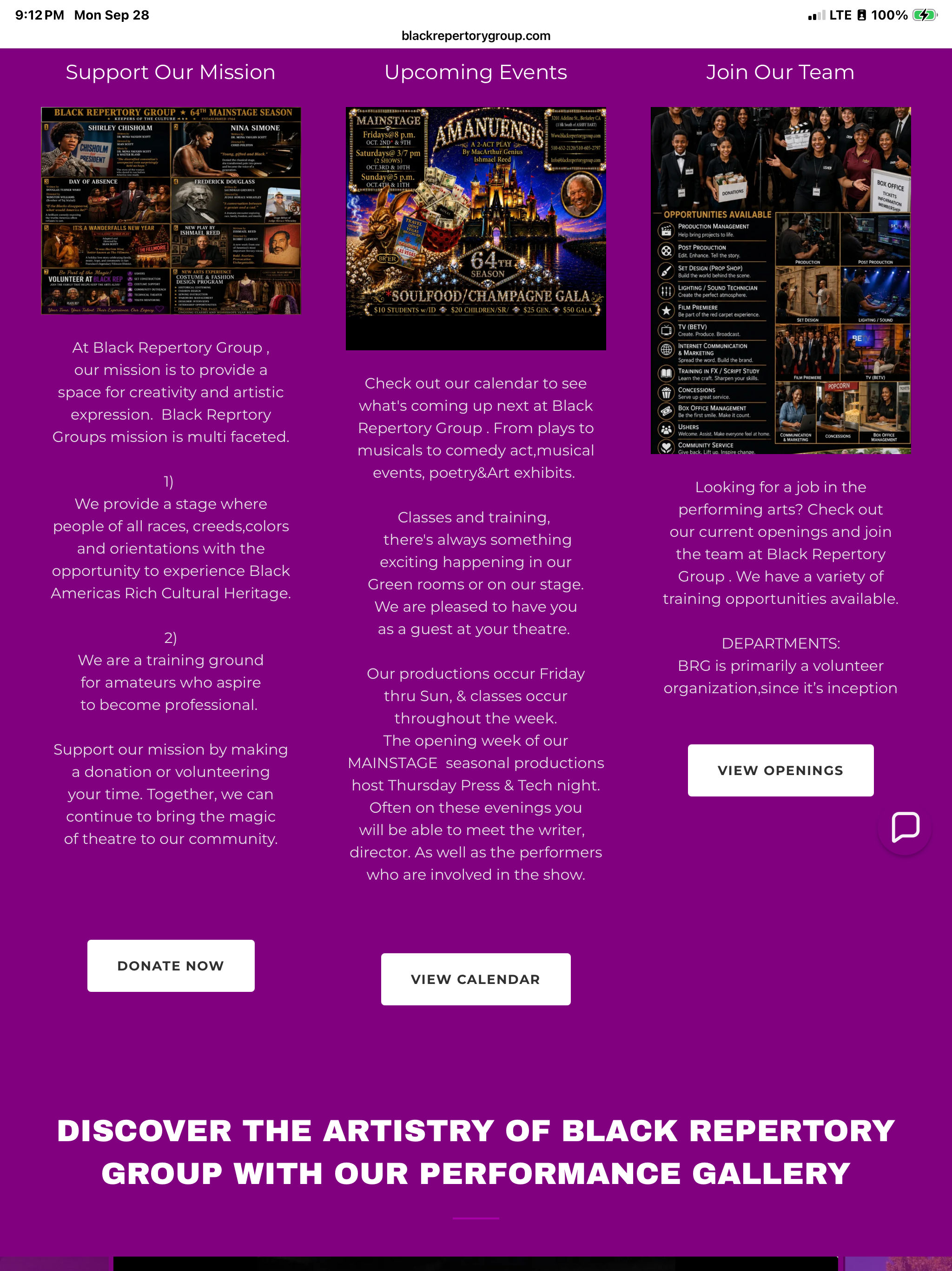 BRG Mission, Events and Team sections