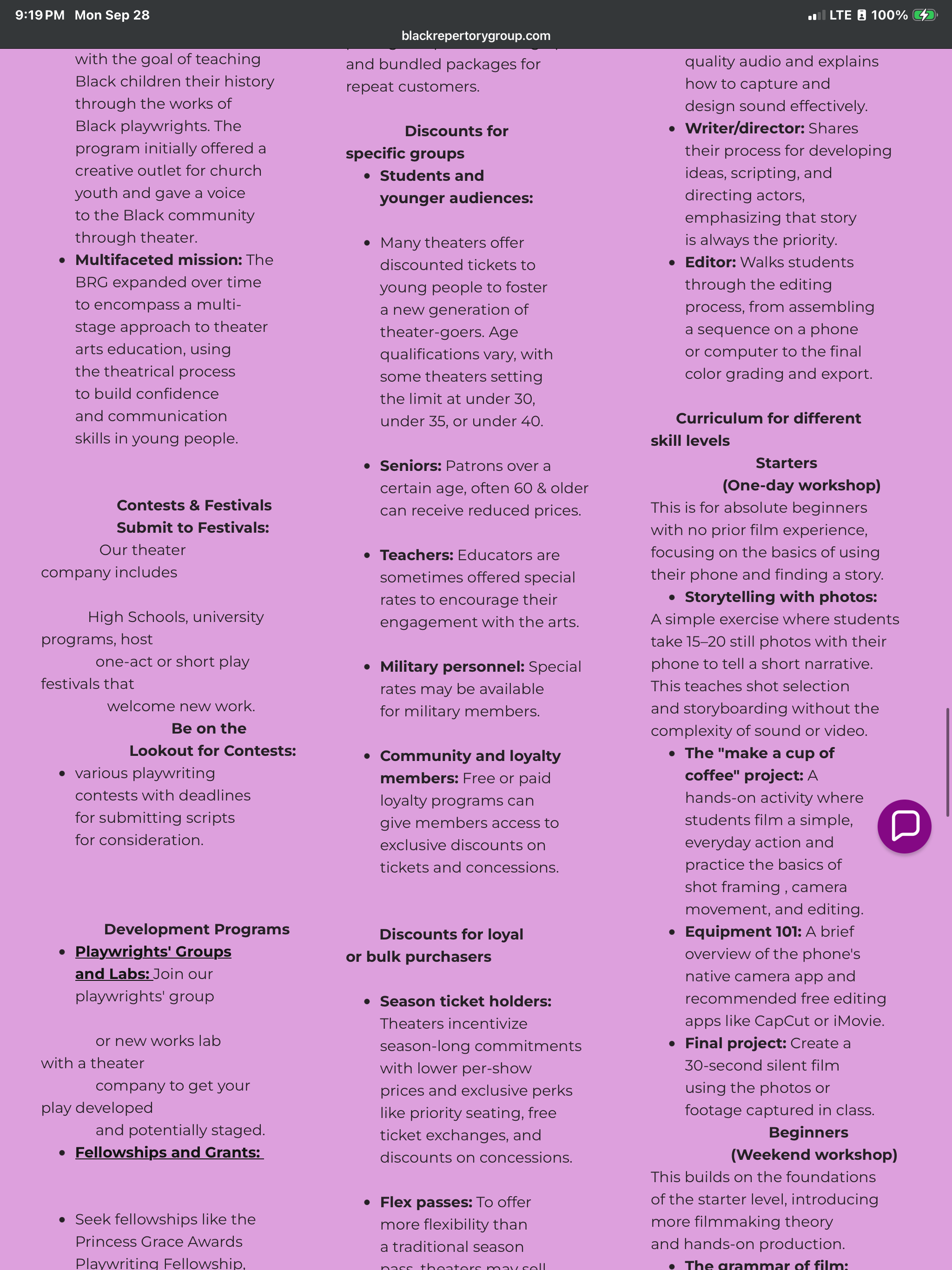 Black Repertory Group — filmmaking and theater education programs